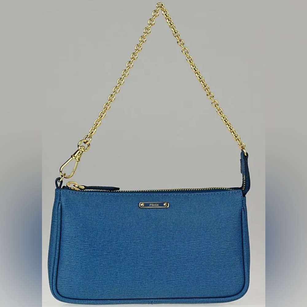 Authentic Blue Fendi Baguette With Original Gold Chain Strap (COA)